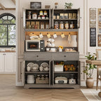 HIFIT 71" LED Kitchen Pantry Cabinet with Power Outlet, Large Kitchen Hutch Storage Cabinet with Arched Door, Shelves, 2 Drawer, Tall Farmhouse Coffee Bar w/Hutch for Home Dining Living Room, Ash Grey - color: Ash Grey