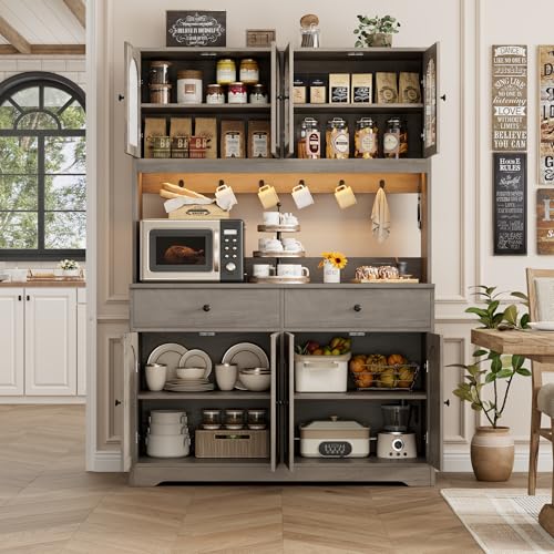 HIFIT 71" LED Kitchen Pantry Cabinet with Power Outlet, Large Kitchen Hutch Storage Cabinet with Arched Door, Shelves, 2 Drawer, Tall Farmhouse Coffee Bar w/Hutch for Home Dining Living Room, Ash Grey - color: Ash Grey