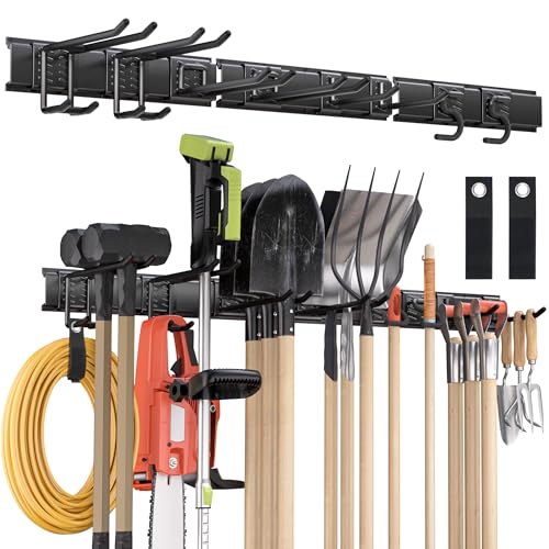 Garden Tool Organizer Wall Mount, 48 inches Tool Storage Rack with Adjustable Hooks, 600lbs Adjustable Heavy Duty Metal Hooks, Yard Shed Rack Holder System Hanging Rake Broom Mop, Father's day gifts - size: 48"