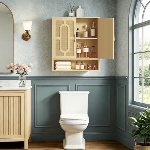 VECELO Rattan Bathroom Wall Cabinet, Medicine Cabinets with Adjustable Shelves, Wall Mounted Above Toilet Storage Organizer for Bathroom, Kitchen, Entryway