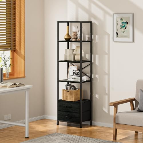 Furnulem 5-Tier Corner Shelf, Narrow Bookshelf with 2 Storage Drawers, 65.16" Tall Bookcase, Standing Shelf Organizer Unit for Living Room, Bedroom, Metal Frame, Wood Display Shelf(Black Oak) - color: Black Oak, size: 5 Tier