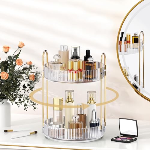 MOKANI 360 Rotating Makeup Organizer for Vanity, 2 Tier Adjustable Perfume Organizer for Dresser, Multi-Function Spinning Cosmetics Skincare Storage for Bedroom, Dresser, Countertop, Clear - color: B-Clear, size: 2 Tier