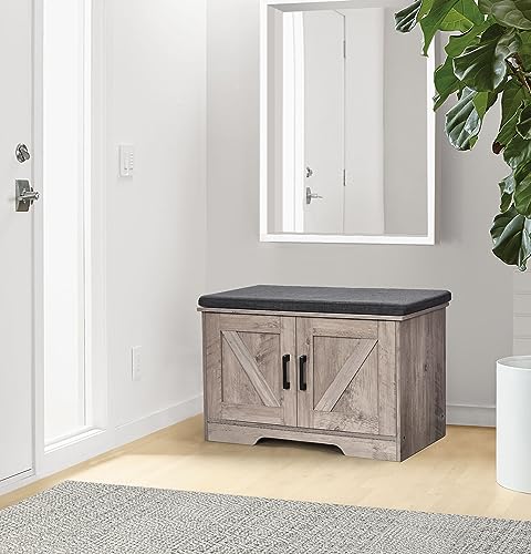 HOMSHO 2-Tier Storage Bench, 27.6" Wide Shoe Bench with Padded Seat Cushion, Entryway Bench with 2 Barn Doors and Adjustable Shelf, Greige - color: Greige, size: 27.6" Wide
