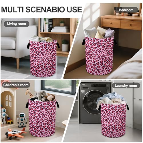 Pink Leopard Laundry Basket Foldable Oxford Cloth Tote Bag Laundry Hamper Clothes Storage Bucket Organizer For Bathroom/Laundry Storage/Bedroom 19.6x15.7 Inch - color: Pink Leopard