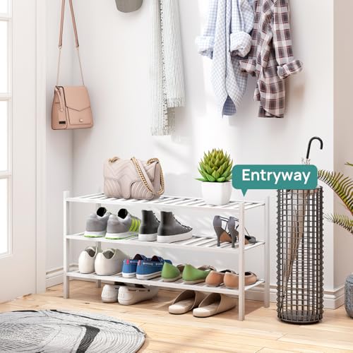 viewcare 3-Tier Long Shoe Rack, Bamboo Wood Shoe Rack for Closet, Entryway & Hallway, Stackable White Shoe Shelf Storage Organizer for Indoor Outdoor - color: White, size: 3-Tier Long