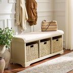 SAFAVIEH Home Collection – Lonan Sand Storage Bench with Seat Cushion, 3 Basket Drawers, Coastal Farmhouse Entryway Design (AMH5733G) - color: Sand