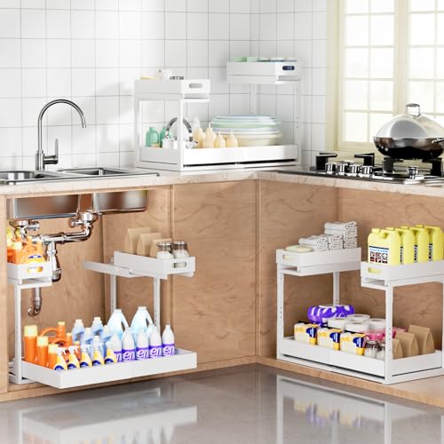 Upgrade 1 Pack Expandable Under Sink Organizers and Storage, 2 Tier Metal Pull Out Cabinet Organizer with 3 Slide Rails, Adjustable Height Slide Out Under Sink Drawers for Kitchen Bathroom Pantry - size: 1 Pack 15”-25”