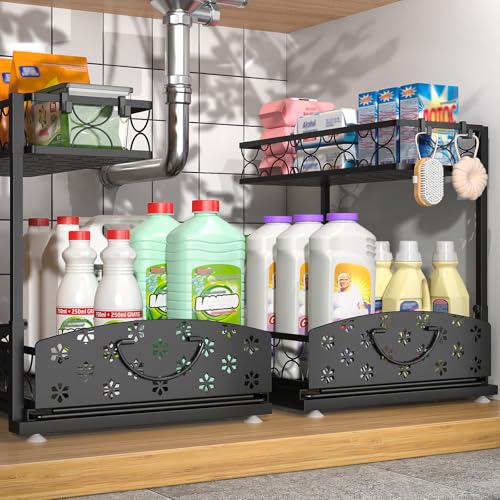 Sevenblue 3 Pack Under Sink Organizers, 2-Tier Multi-Use Kitchen and Bathroom Organizers and Storage with Sliding Drawers, Bathroom Cabinet Organizer (Metal, 2 Pack, 14.8 Inch)