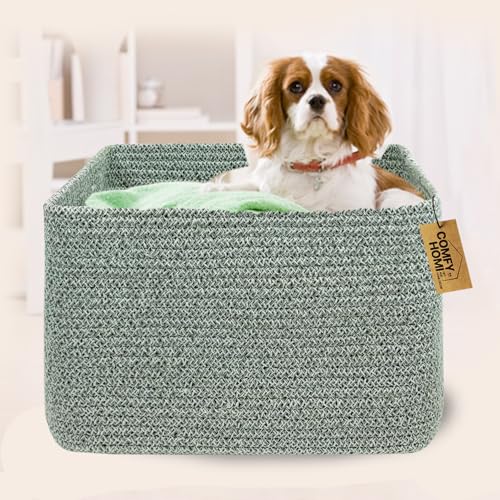 COMFY-HOMI Square Woven Cotton Rope Basket for Organizing, Gift Baskets for Handles, Empty Gift Baskets, Toy Basket for bins|13.5" x 11" x 9.5" home decor for Living Room, Bathroom - color: Green, size: 13.5"X11"X9.5"