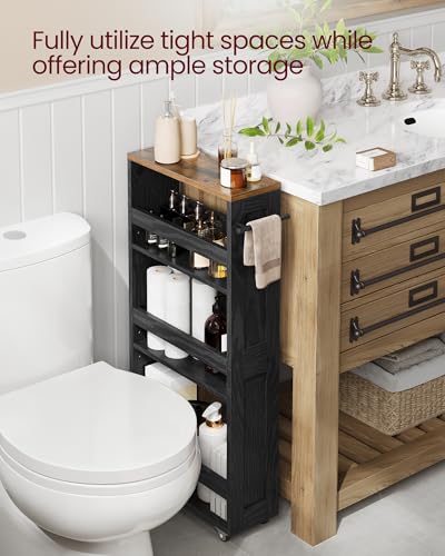 VASAGLE 4-Tier Slide-Out Storage Cart, Slim Kitchen Cart for Small Spaces, with Wheels, Handle, Bathroom, Laundry Room, 5.9 x 17 x 34.1 Inches, Ebony Black and Rustic Brown ULRC050K02 - color: Ebony Black + Rustic Brown, size: 5.9"D