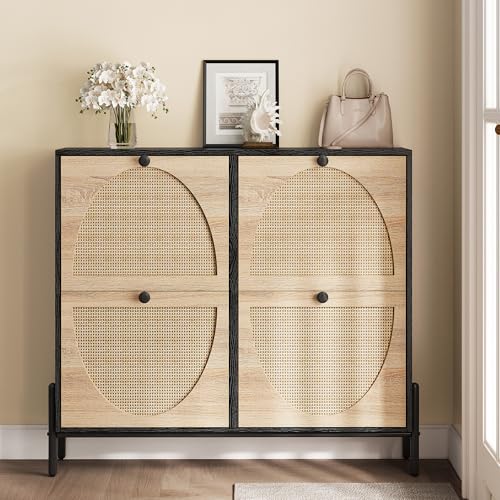 IRONCK Rattan Shoe Cabinet Storage with 4 Flip Drawers, Freestanding Shoe Storage Organizer Cabinet for Entryway, Narrow Shoe Rack Cabinet, Black - color: Black