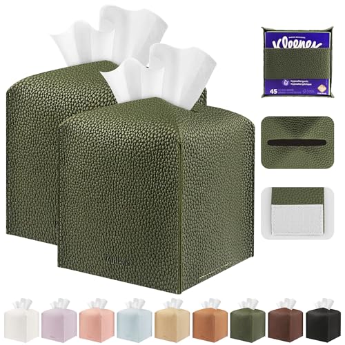 Tissue Box Cover Holder Square Tissue Cube Cover PU Leather Tissue Organizer with Bottom Belt for Bathroom, Tabletop, Car, Night Stands, Office, Home, Kitchen (2, OliveGreen) - color: Olivegreen