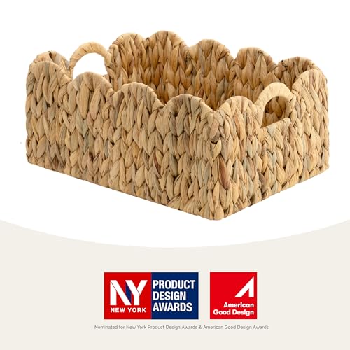 StorageWorks Scalloped Water Hyacinth Baskets, Hand-woven Rattan Baskets with Built-in Handles, Cute Baby Basket for Nursery, Basket for Organizing and Decor, 15"L x 11"W x 6¾"H - color: Water Hyacinth(Natural), size: 15"L x 11"W x 6¾"H