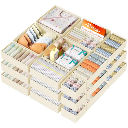 DIMJ Drawer Organizer Clothes, 21 Pack Dresser Organizer, Foldable Closet Organizers and Storage, Fabric Dresser Bins, Drawer Dividers for Nursery, Baby Clothes, Underwears, Sock - color: Beige, size: 21 Pack
