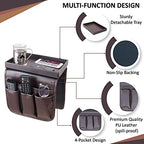 Anti Slip Armchair Caddy w/Detachable Wooden Snack Tray PU Leather Armrest Cup Holder Couch Arm for Recliner w/ 1 Big Pocket, 3 Small Pockets, Remote Control (Dark Chocolate), 10.5Wx30L - color: Dark Chocolate