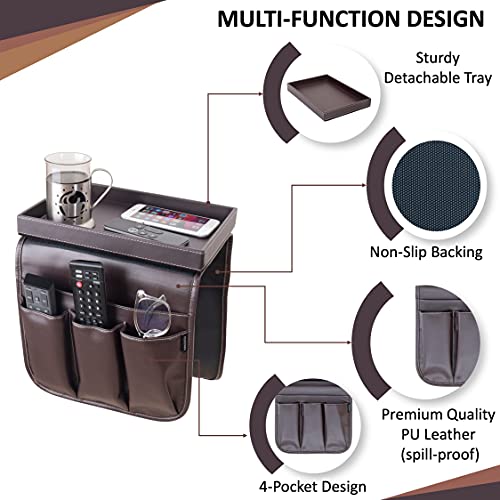 Anti Slip Armchair Caddy w/Detachable Wooden Snack Tray PU Leather Armrest Cup Holder Couch Arm for Recliner w/ 1 Big Pocket, 3 Small Pockets, Remote Control (Dark Chocolate), 10.5Wx30L - color: Dark Chocolate