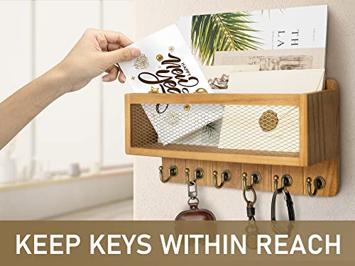 Rebee Vision Farmhouse Key and Mail Holder for Wall with Mesh Mail Basket : Decorative Mail Organizer Wall Mount with 6 Retro Key Hooks - Rustic Home Decor for Entryway (Light Brown) - color: Yellow