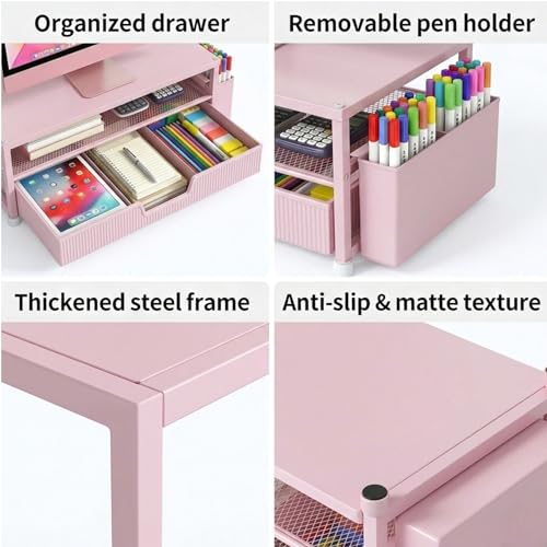 ECOLOVI Desk Organizer and Accessories, 2-Tier Computer Monitor Stand Rise with Storage Drawer & 2 Pen Holders, Laptop & Printer Stand for Desktop, Workspace Organizers for Office Supplies (Pink) - color: Pink