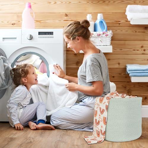 XUANGUO Cotton Rope Baskets For Girls Boys Kids 16”X14” Baby Laundry Basket Nursery Bin Round Woven Basket Organizer For Storage Toys Blankets Shoes Clothes light green - color: light green