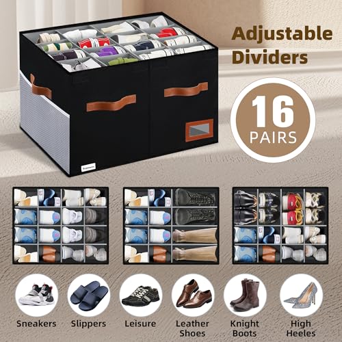 Supowin Shoe Organizer for Closet, Foldable Shoe Storage Bins with Lid & Adjustable Dividers, Fabric Shoe Box Storage Containers with Four Reinforced Handles, Fits 16 Pairs, 1 Pack, Black - color: Black, size: 21"L x 17"W x 13"H