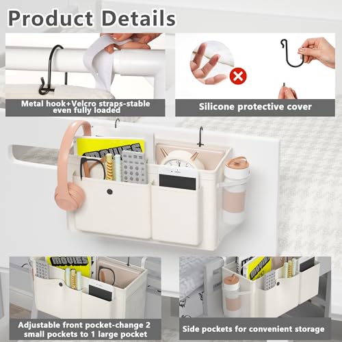 Edudif Bedside Caddy Bedside Organizer with Fixed Straps & Water Bottle Holder, Bunk Bed Caddy ideal for Home, Dorm, Hospital, Crib, Versatile Bedside Storage Solution (White) - color: White
