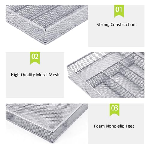 Neudeco Silverware Drawer Organizer - 5 Compartment Cutlery Tray with Non-Slip Feet, Mesh Wire Flatware Storage Divider for Kitchen, Bedroom, Living Room (Silver) - color: Silver