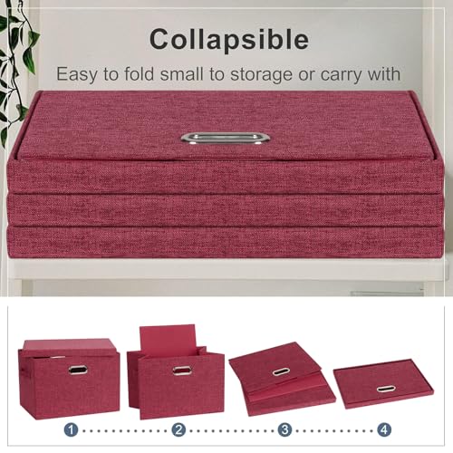 Graciadeco Large 17" 36 Quart Collapsible Stackable Storage Bins with Lids, 3 Packs Bright Red Linen Fabric Closet Boxes with Lids, Storage Cube Baskets Container Organizers for Office (17x12x11) - color: Bright Red, size: Large -3 Pack
