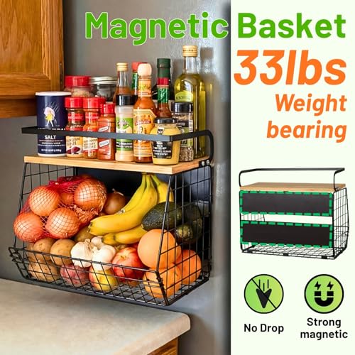 Ofiray-home Magnetic Shelf for Fridge with Wood Lid, Fruit Potato and Onion Storage Bins, Pantry Organizers & Storage, Large Container Magnetic Spice Rack for Refrigerator, Kitchen Counter, Cabinet - color: Black, size: 1-Regular