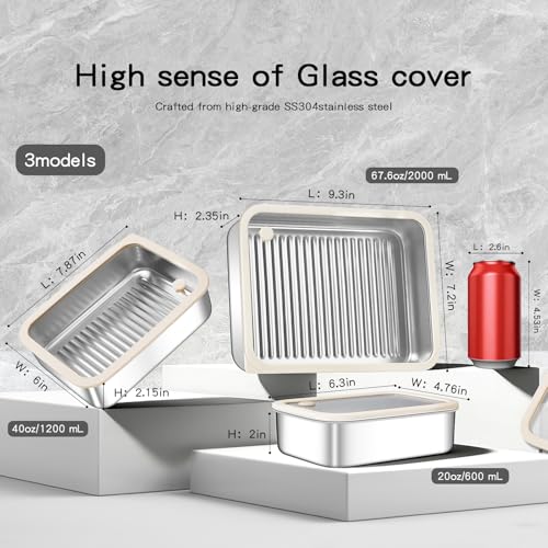 GIUOIDUO 3-Piece Extra Thick 304 Stainless Steel Food Storage Containers with Non-Stick Bottom, Airtight Glass Lids & Silicone Seal, Stackable Kitchen Organization Boxes for Food Preservation - color: 3-piece set (glass see through sealing cover)
