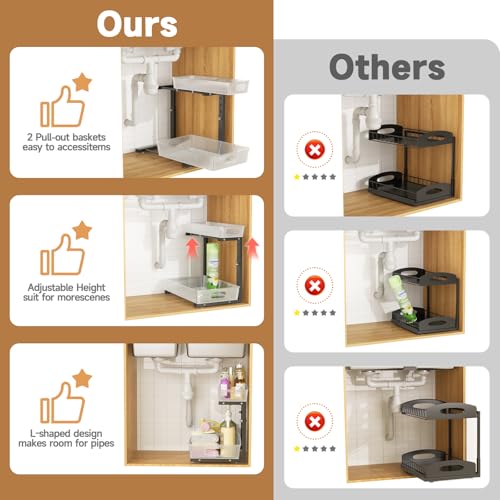 ETOYA 2 Pack Under Sink Organizer Kitchen, 2-Tier Pull Out Cabinet Organizer, L-Shaped Adjustable Height, Acrylic Under Sink Storage Shelf for Kitchen, Bathroom Vanity & Utility Closet - color: black