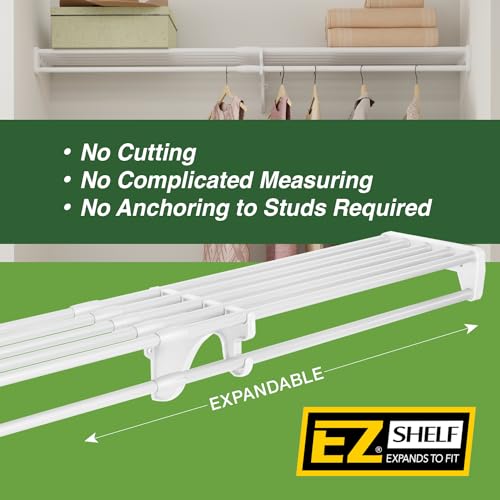 EZ SHELF Closet Shelf with Hanging Rod - 28-48” Expandable, White, Closet Shelves - Strong, Holds 200 lbs - DIY, Easy Install to 2 Side Walls - Alternative to Wire Shelving - color: White, size: 28-48 in