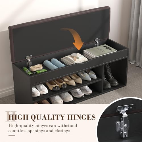 Apicizon 39 Inches Storage Bench with Padded Cushion, Shoe Bench with Storage Space, Upholstered Entryway Bench for Living Room, 2-Tier Shoe Rack Organizer, Black - color: Black, size: 39 Inch