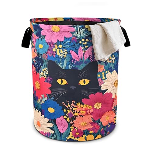 Black Cat Floral Laundry Basket Foldable Oxford Cloth Tote Bag Laundry Hamper Clothes Storage Bucket Organizer For Bathroom/Laundry Storage/Bedroom 19.6x15.7 Inch - color: Black Cat Floral