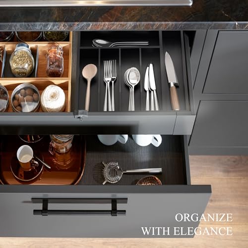 Bamboo Silverware Organizer, Kitchen Drawer Organizer, Utensil Holder, Cutlery Tray & Spoon Flatware Storage with Grooved Drawer Dividers (Black, 12.5''W x 16.5''D) - color: Black, size: 12.5''W x 16.5''D