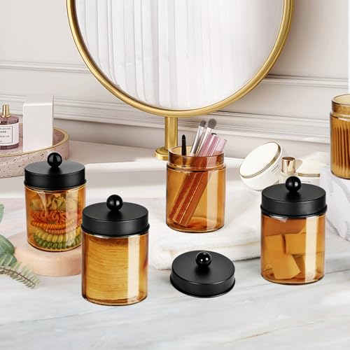 Amolliar Bronze Glass Apothecary Jar, Qtip Holder Metal Lid & Stickers, Bathroom Qtip Dispenser Storage Canister, Perfect for Cotton Balls, Cotton Swabs, Makeup Pads, Bath Salt, Floss, 4 Pack (Black) - color: Amber-Black Lid