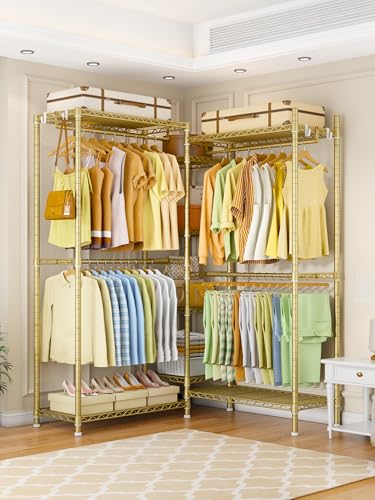 Ulif E4 Clothes Rack, Heavy-Duty Garment Rack, Metal Freestanding Clothing Organization Storage System Can Be L-Shaped with Shelves and Hangers, Max Load 962lbs, 71.6" W x 14.5" D x 79.3" H, Gold - color: Gold