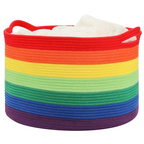 Large Blanket Basket (20"x13"),Woven Basket for Storage Dirty Clothes Basket for Laundry, Living Room, Nursery, Bedroom Rope Storage Basket for Blankets（Rainbow) - color: Rainbow