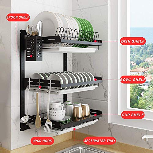 junyuan Hanging Dish Drying Rack Wall Mount,Dish Racks Drainer,3 Tier Kitchen Plate Organizer Storage Shelf with Drain Tray with 3 Hooks,Stainless Steel Black Large Ajustable Height - size: 3tier-Wall Mount
