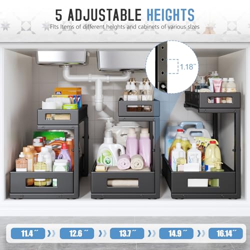 2 Pack 19IN Depth Under Sink Storage Organizer, Large 2-Tier Elegant Mesh Pull Out Shelf for Kitchen and Bathroom Cabinet Organization, L-Shaped and Adjustable Height Design-Black - color: Black, size: 2 Pack-19"Dx11.4"-16.14"H
