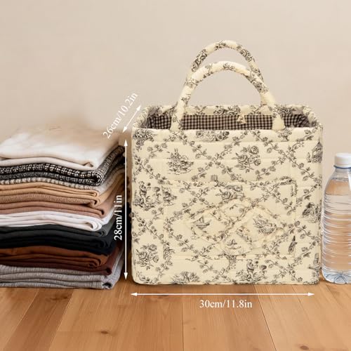 Quilted Fabric Basket Foldable Car Storage Boho Floral Laundry Basket Hamper for Nursery Bedroom & Living Room | Organize Clothes Toys - color: Beige French Manor
