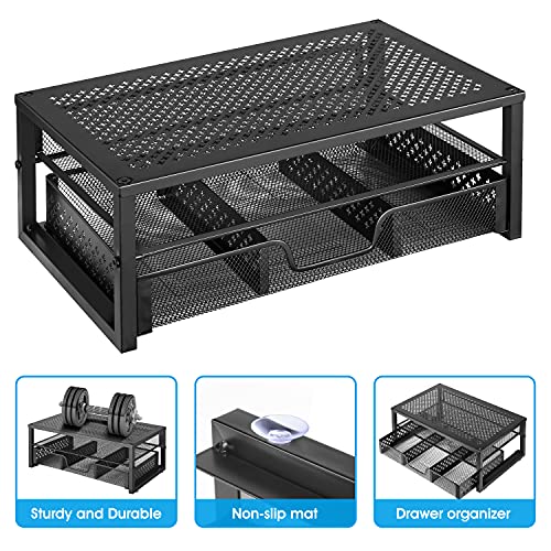 Simple Trending 2 Pack 2 Tier Metal Monitor Riser Stand and Computer Desk Organizer with Drawer, Black - color: 2 Pack Black