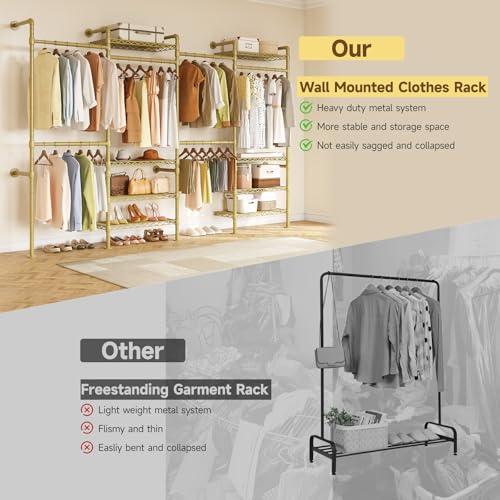 ONBRILL H4 Wall Mounted Closet System, Expandable Industrial Pipe Clothes Rack Clothing Rack for Hanging Clothes, Heavy Duty Closet Organizers and Storage in Wardrobe Closet - Gold - color: Gold