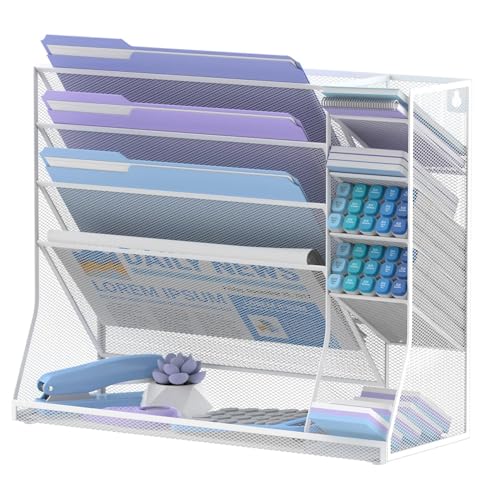 Wall File Organizer, 5-Tier Desk Organizer with 4 Pen Slots, Hanging Wall File Folder Holder with R-shaped Bottom Tray, Mesh Versatile Mail Holder Desk Organization for Office, White - color: White