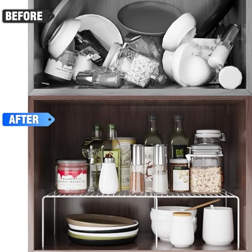 Expandable Storage Shelf, Pantry Organizers and Storage, Adjustable Rustproof Metal Wire Spice Rack, Space Saver Kitchen Storage Shelves for Pan, Pot, Countertop, Drawer, Fridge, Set of 2, White - size: 2Pack-White-13.5-23 x 10 inch