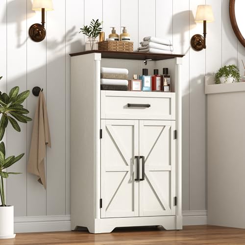 jiteentarou Farmhouse Bathroom Storage Cabinet,Bathroom Floor Storage Cabinet with Roman Column Decor,Small End Table with Barn Doors,Small Bathrooms Organizer(Rustic White) - color: Rustic White, style: Floor Storage Cabinet