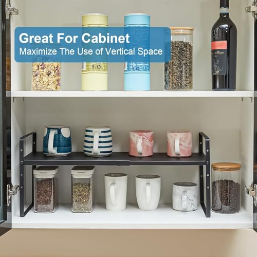 Set of 2 Expandable Cabinet Shelf Organizer, Stackable Kitchen Countertop Shelves Spice Racks, Small Metal Storage Shelf For Cupboard Counter Tabletop, 30 LBS Heavy Duty, Adjustable, 13.8" to 21.6" - color: Black, size: 2 Pack:13.8"-21.6"Long