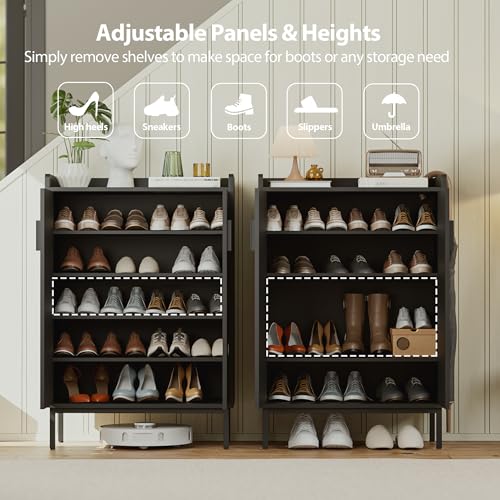 Mericonia Modern Shoe Cabinet with Metal Legs, Farmhouse Large 5-Tier Shoe Storage Cabinet with Doors, Wooden Shoe Organizer for Entryway, Hallway, Bedroom, Living Room (Modern Shoe Cabinet, Black) - color: A-black