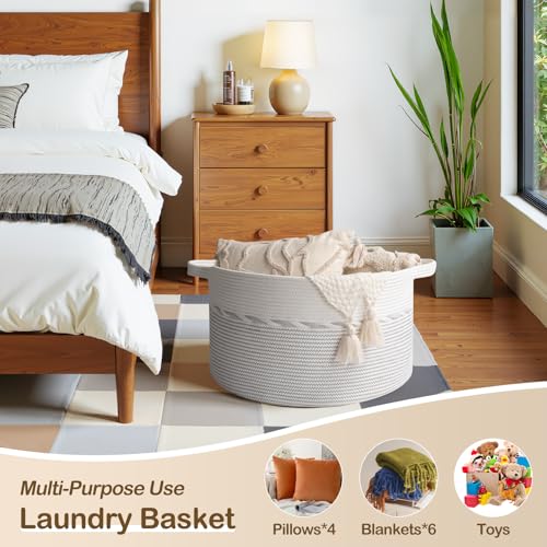 OIAHOMY 90L Blanket Basket for Living Room, Large Basket 23" x 23" x 13" with Handle, Laundry Hamper for Blankets, Pillows, Toy Storage for Kids, Dogs - Light Grey & White - color: Light Grey & White, size: 23" x 23" x 13"