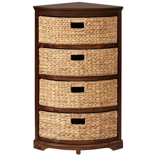 eHemco Hampton Meadows 4 Tier X-Side Corner Table Storage Cabinet with 4 Wicker Baskets, Walnut - color: Walnut, size: 14"D x 14"W x 32.2"H (4 Drawers)
