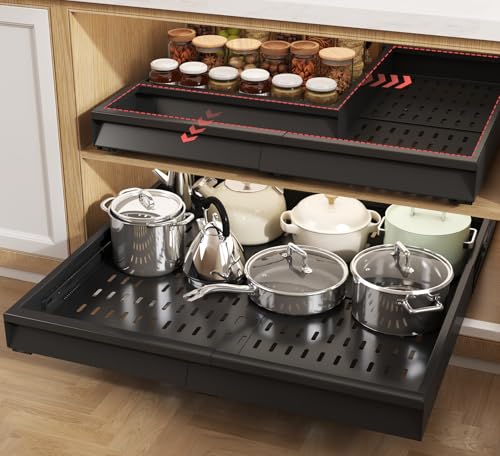 Seinloes 2 Pack Pull Out Cabinet Organizer With Raising Pad for Framed Cabinets,Expandable Width (15"-25") and Depth (17"-24"),3 Slide Rails Slide Out Drawers with Handle,No-Drill Roll Out Shelf,Black - color: Black, size: 15"-25"W x 17"-24"D(2Pack)